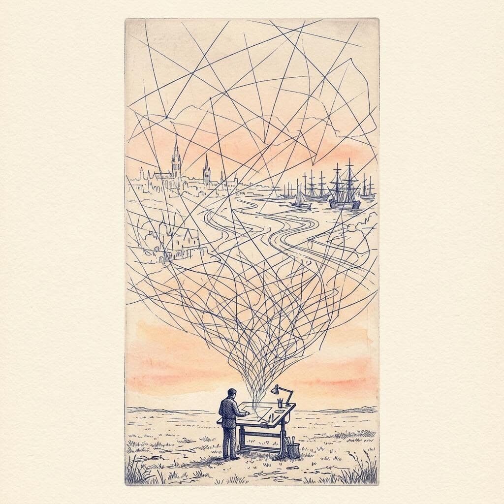 A small figure stands at a drafting table in an open field at daybreak; hundreds of ink lines rise from the table and spread into a sky of cities, rivers and ships.