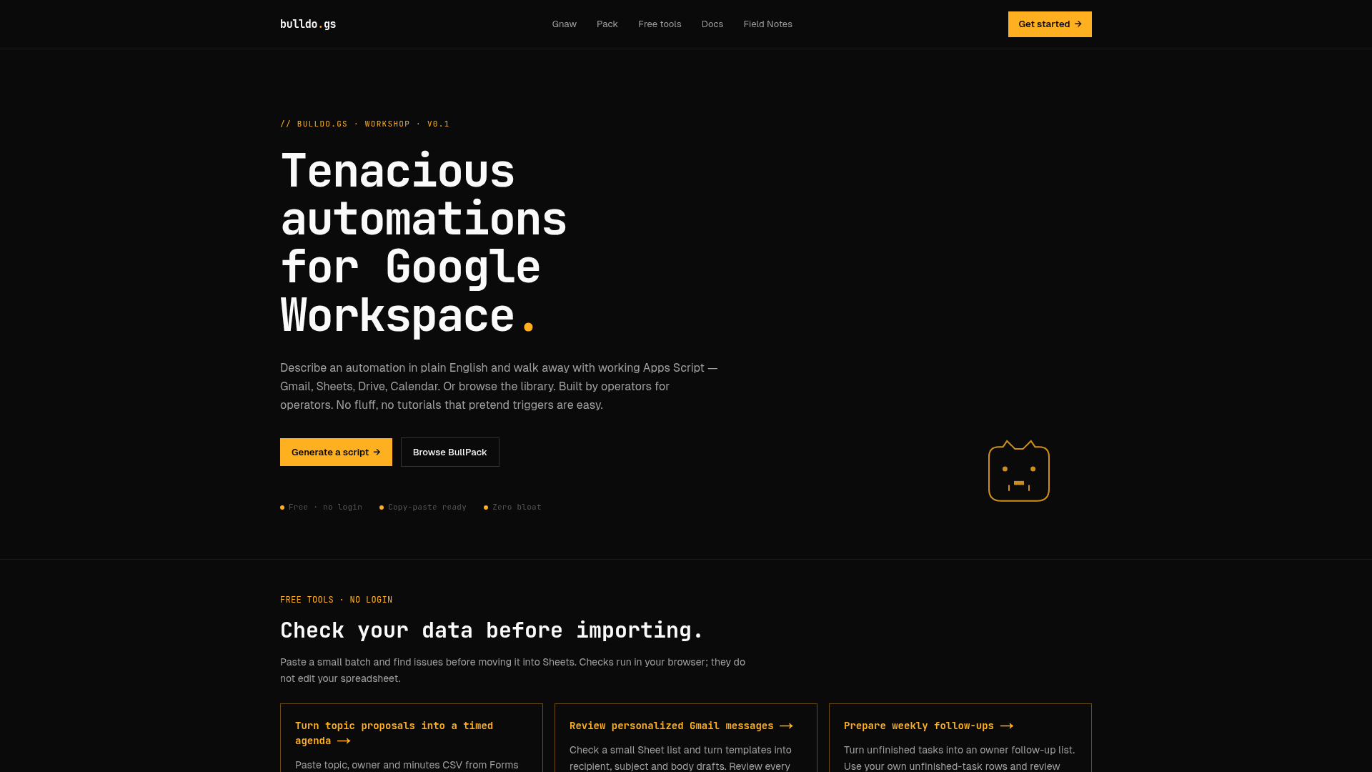 The bulldo.gs public homepage, presenting its practical tools for Google Workspace automation across Gmail, Sheets, Drive and Calendar.