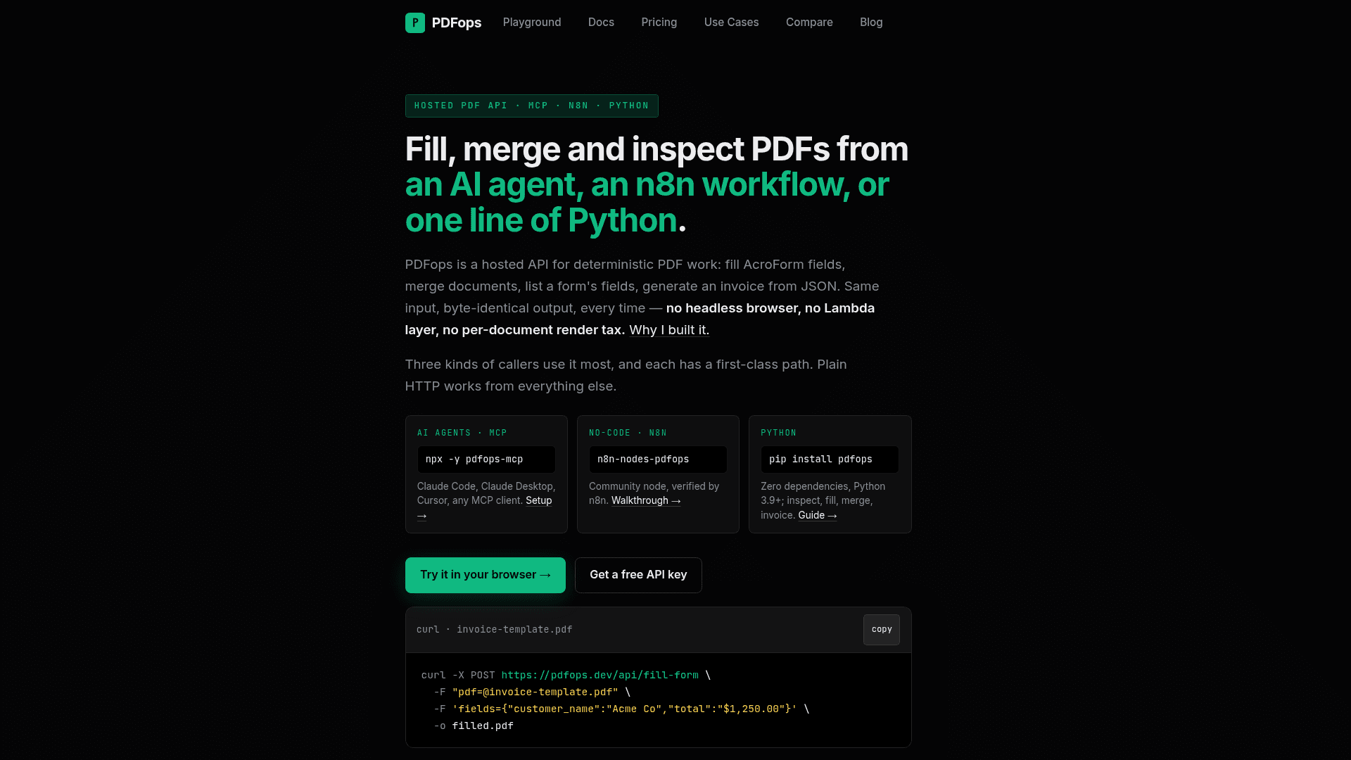 The PDFops public homepage, introducing its PDF API and browser tools, with API request examples for document operations.